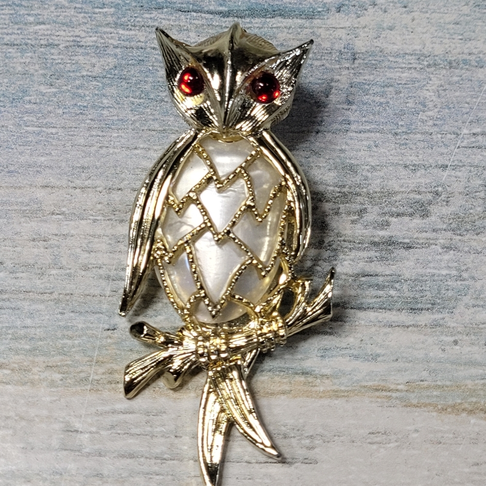 Gold  Owl Brooch with Red Accents